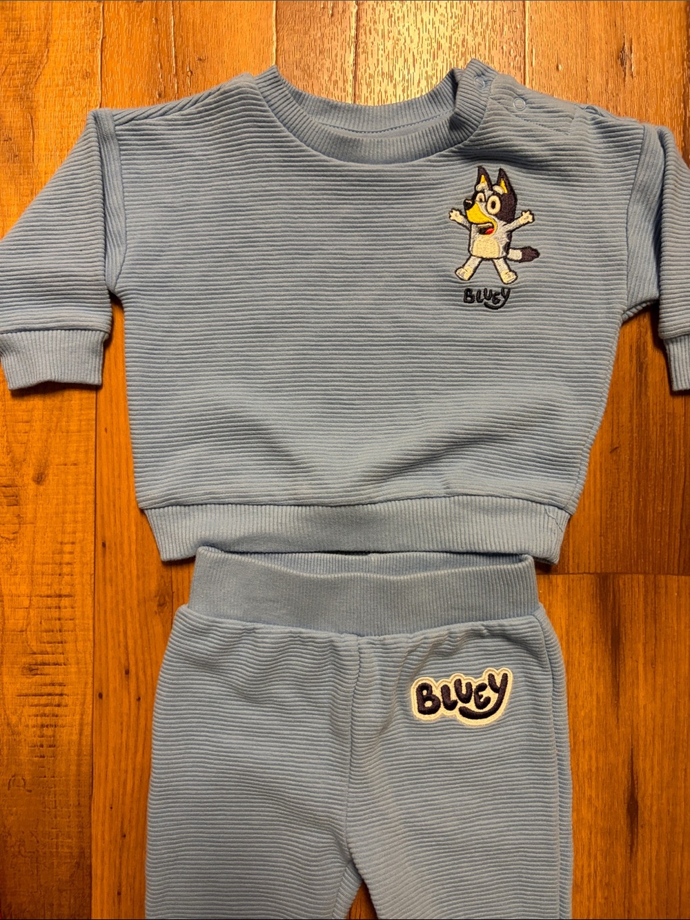 Bluey Blue Ribbed Kids Jogger Set Embroidery On Top And Bottom Size 3-6 Months - Picture 4 of 7